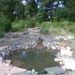 back yard pond feature with rocks